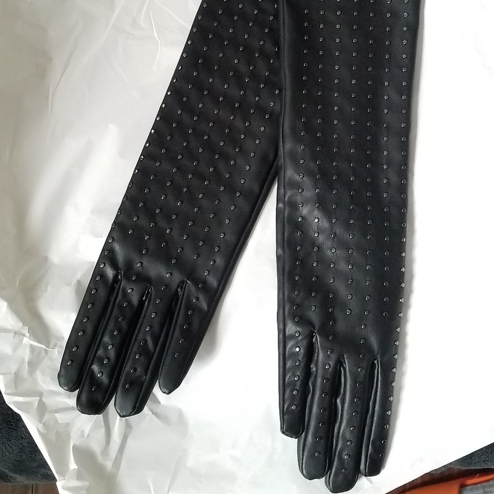 NWT FAUX LEATHER LONG BLACK STUDDED GLOVES - Picture 7 of 7